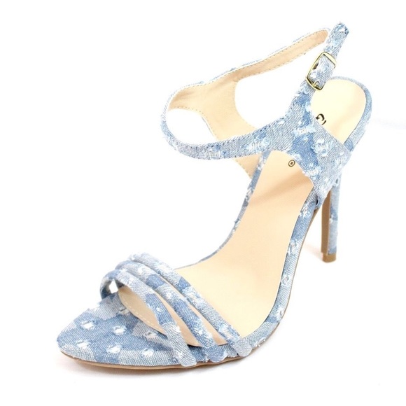 QUPID Distress Denim Ankle Strap Open Toe Heels - Picture 5 of 8